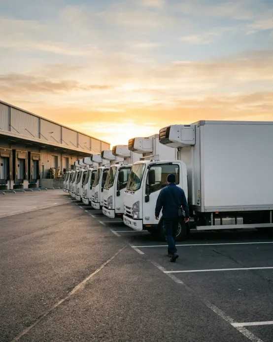 Flota de camiones refrigerados estacionada en un centro de distribución al amanecer
