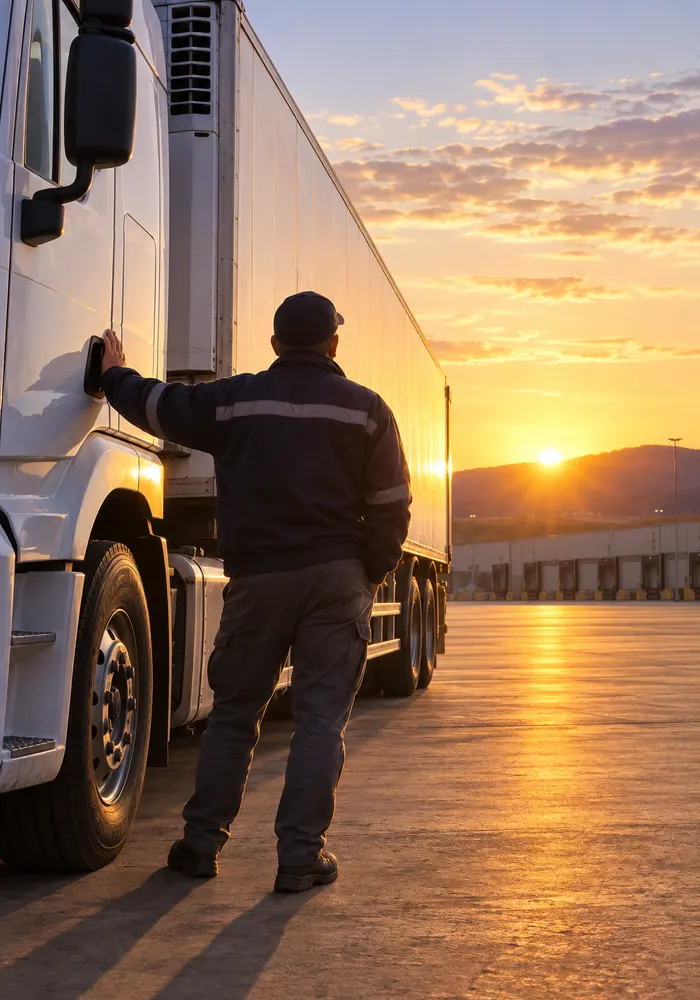 Conductor junto a su camión refrigerado al amanecer