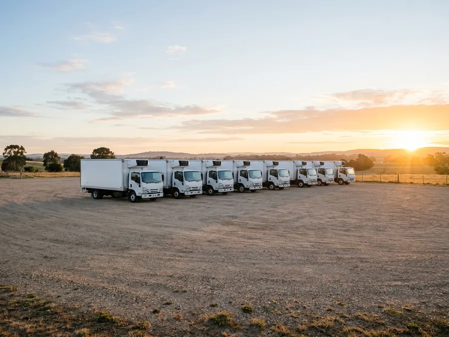 Fila de camiones refrigerados estacionados en un patio de distribución al amanecer