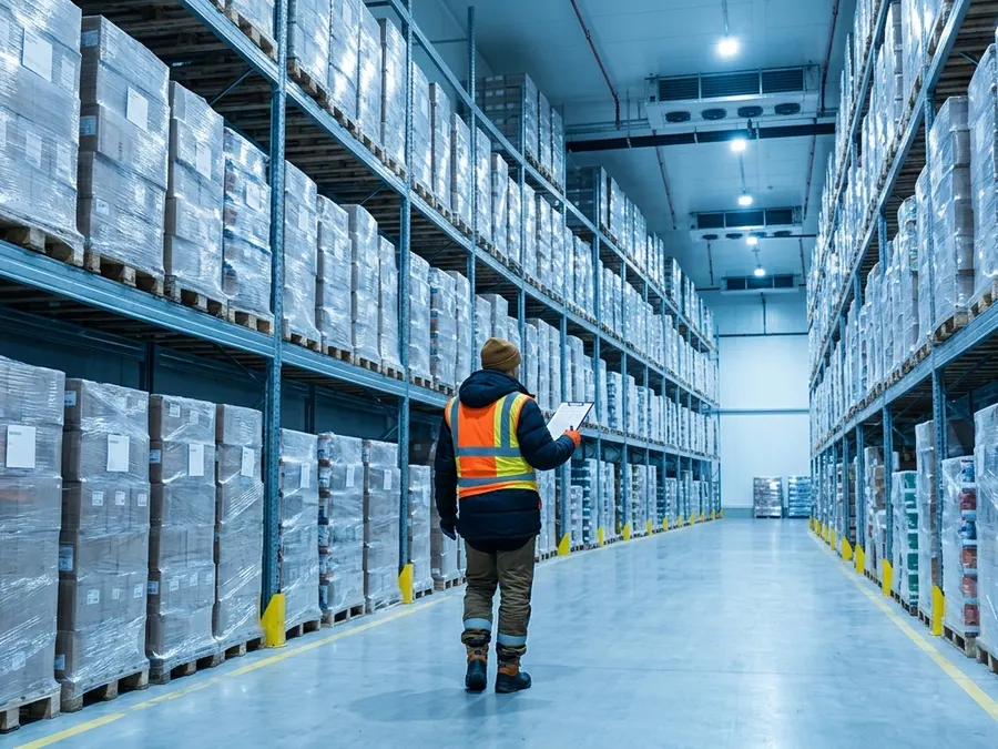 Trabajador revisando pallets en un almacén de frío