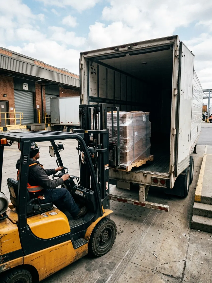 Montacargas cargando un pallet en un camión refrigerado en el andén de carga