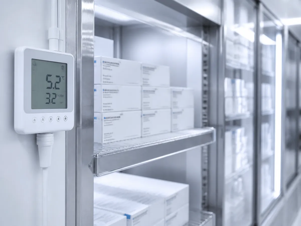 Cajas de productos farmacéuticos en almacenamiento con temperatura controlada
