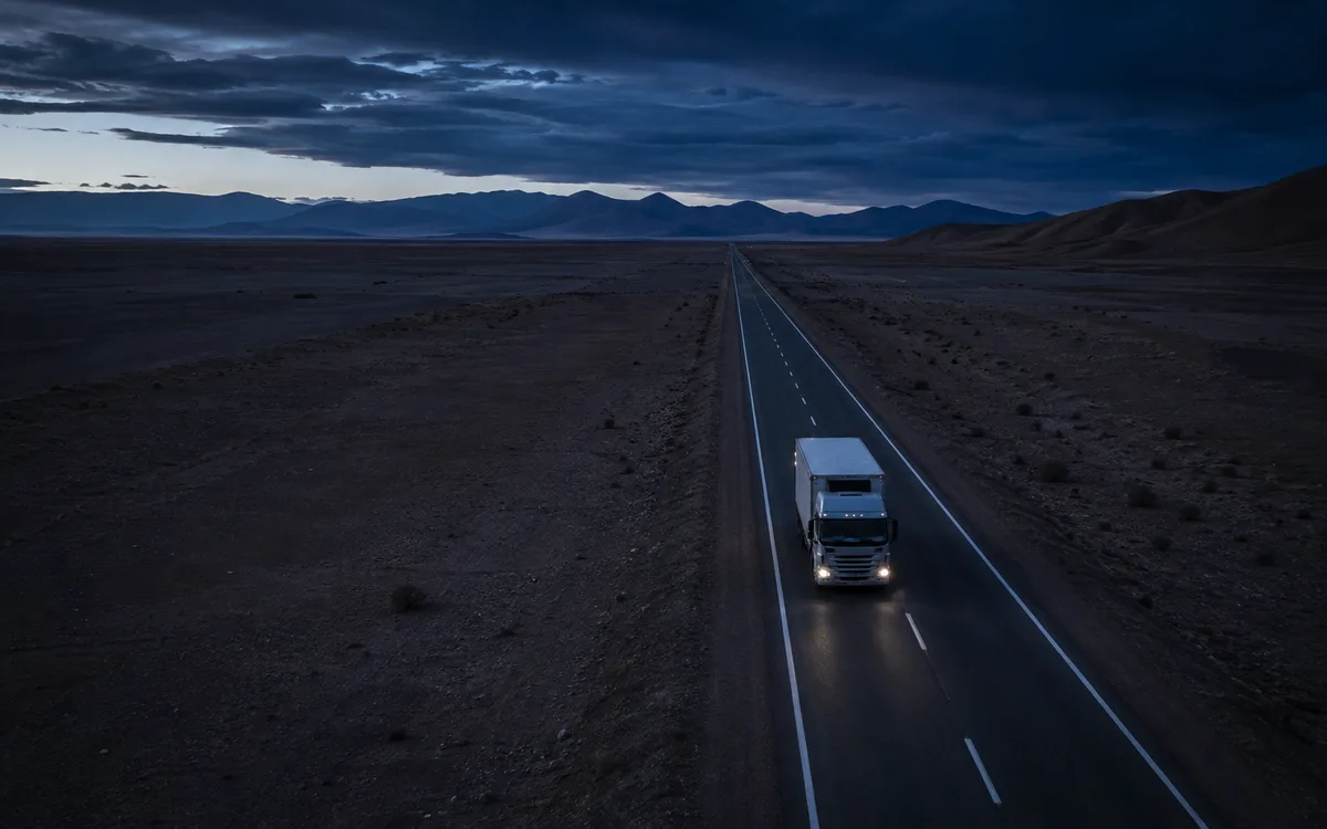 Camión de carga circulando por una carretera del norte de Chile