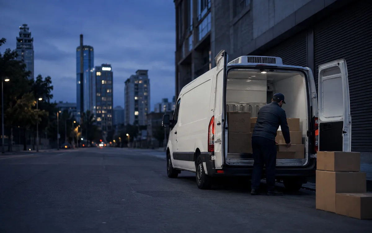 Furgón de reparto urbano cargando cajas en una calle de Santiago