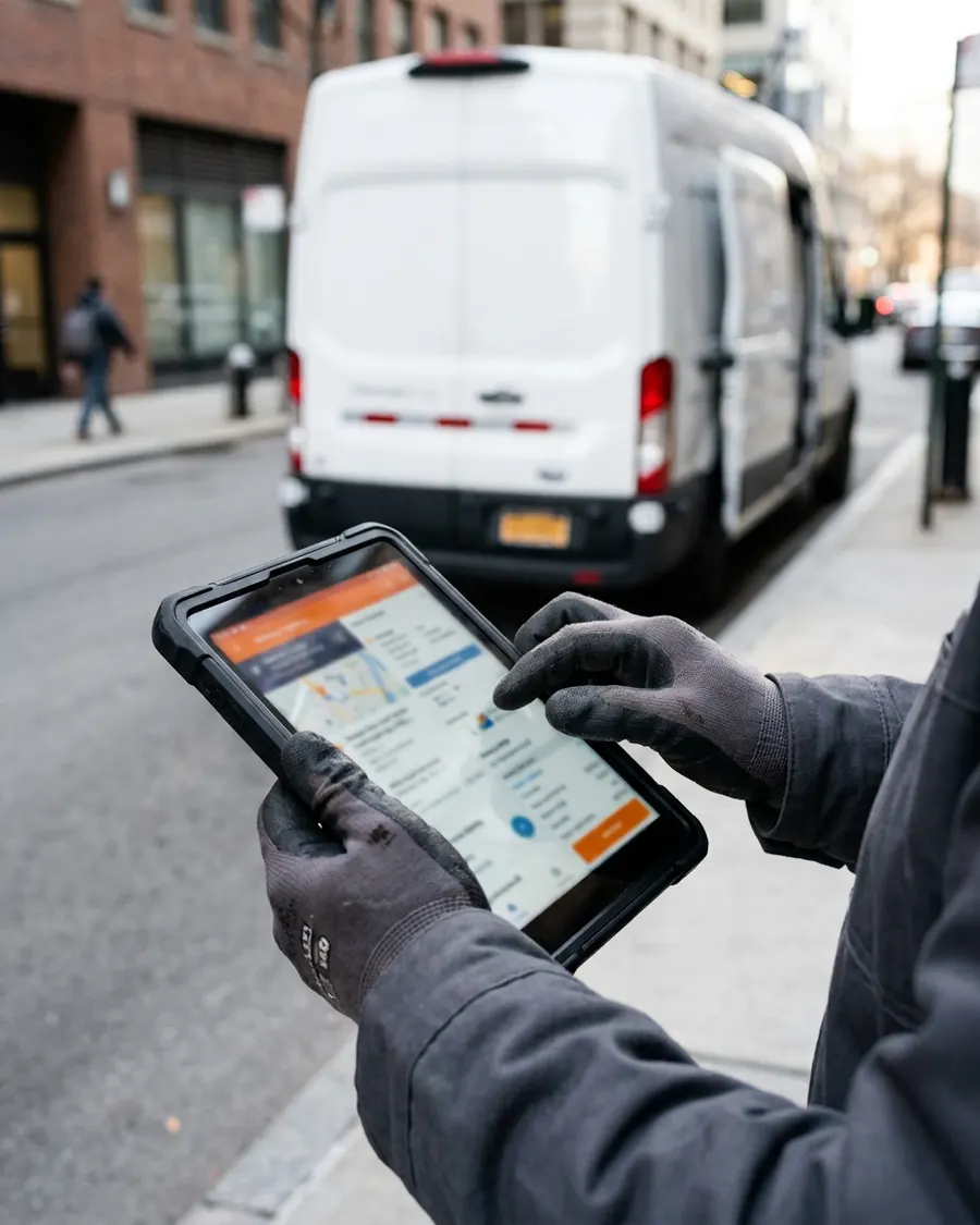 Persona revisando una tablet con una ruta de entrega, furgón refrigerado al fondo