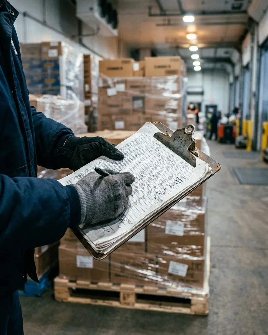 Persona revisando un manifiesto de carga junto a pallets en una bodega refrigerada